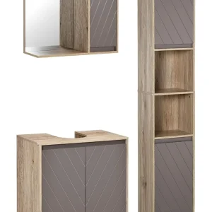 Conjunto de Bano con Mueble Bajo Lavabo, Armario con Espejo y Columna de Almacenamiento, Roble y