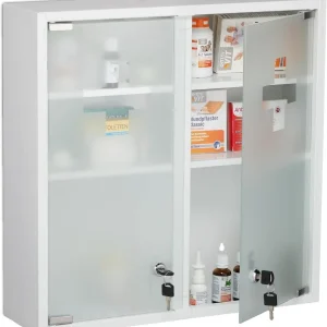 Botiquin mural con cerradura, puertas de cristal y compartimentos interiores para