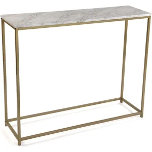 Mesa consola para recibidor con acabado efecto marmol, estructura dorada y diseno