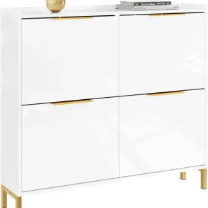 Zapatero Ultrafino de 4 Puertas para Pasillo, Acabado Blanco Brillante con Patas Doradas, 19 cm de