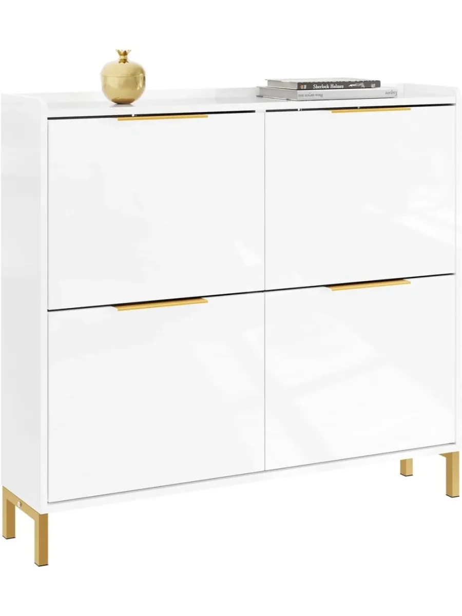 Zapatero Ultrafino de 4 Puertas para Pasillo, Acabado Blanco Brillante con Patas Doradas, 19 cm de