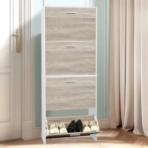 Armario zapatero de gran capacidad para 24 pares con puertas en madera clara y estructura