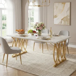 Mesa de Comedor Rectangular de 160 cm, Diseno Minimalista con Patas Doradas para Cocina o Salon,