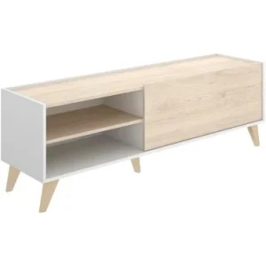 Mueble bajo para TV en blanco y madera natural con diseno minimalista y acabado