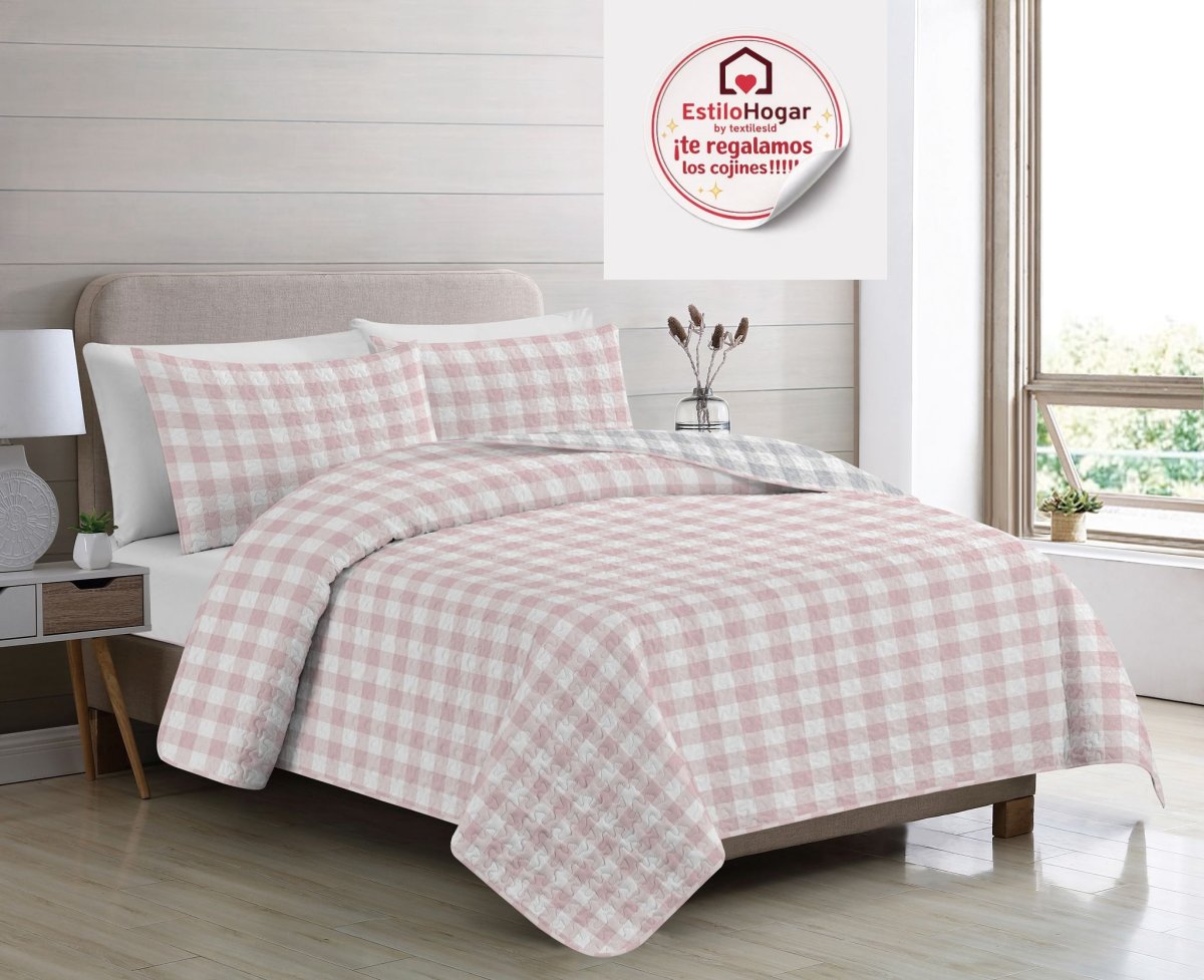 Colcha Bouti Vichy Cuadros Reversible Rosa - Imagen 2