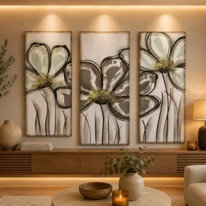 Cuadro pintado 70×30 Triptico   flores surtido
